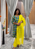 Checked kurti with lime yellow dupatta - 3 piece set💛