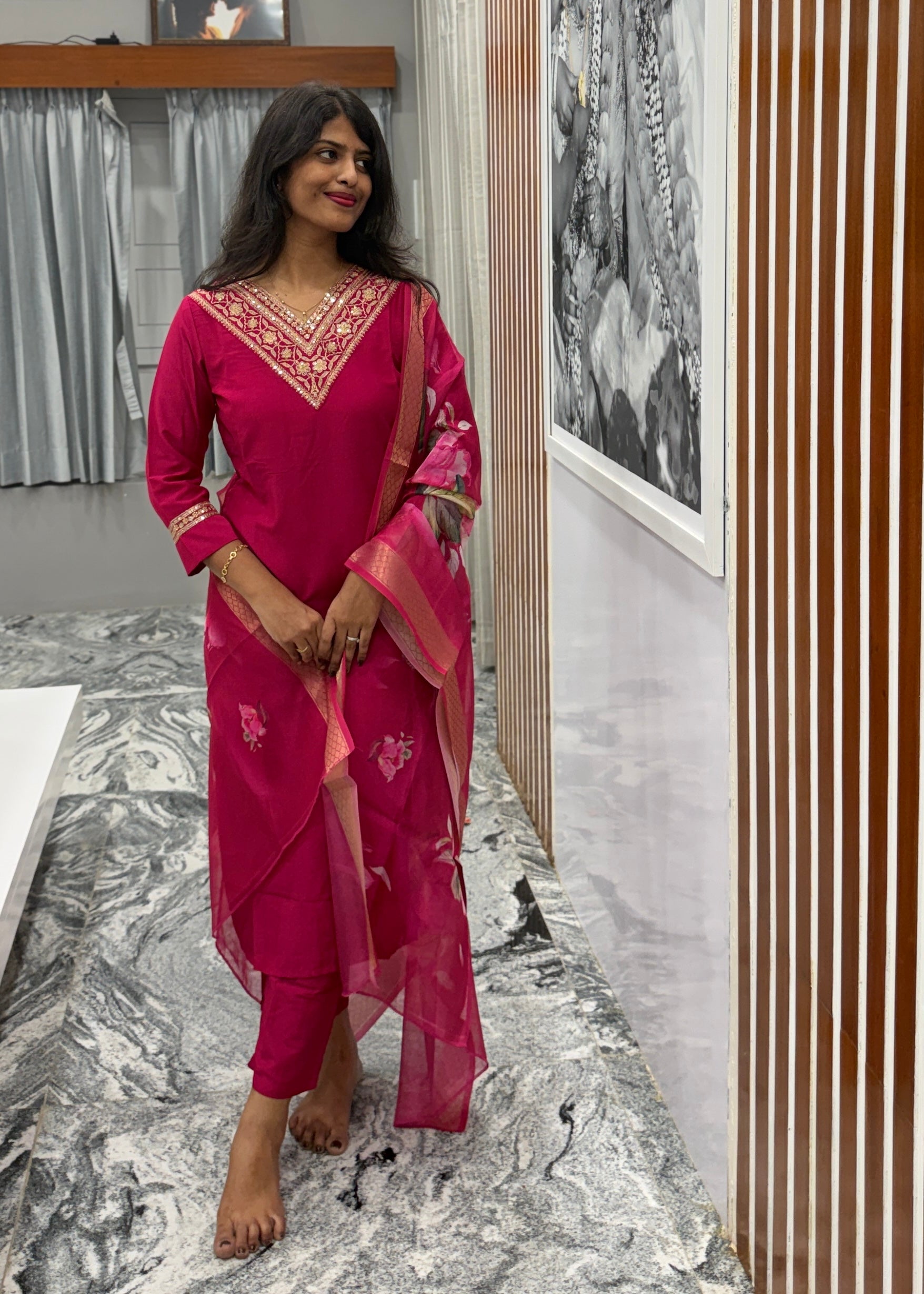 Pink Kurta Set with Organza Dupatta