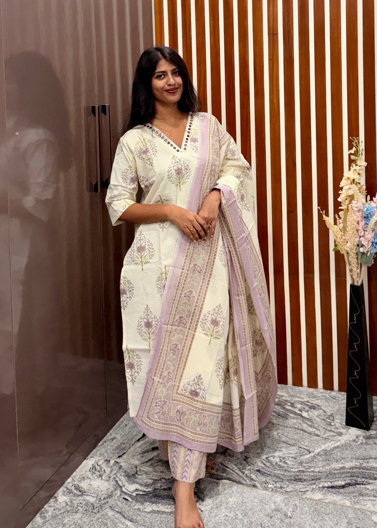 Lavender Floral Printed Three pcs Kurta Set