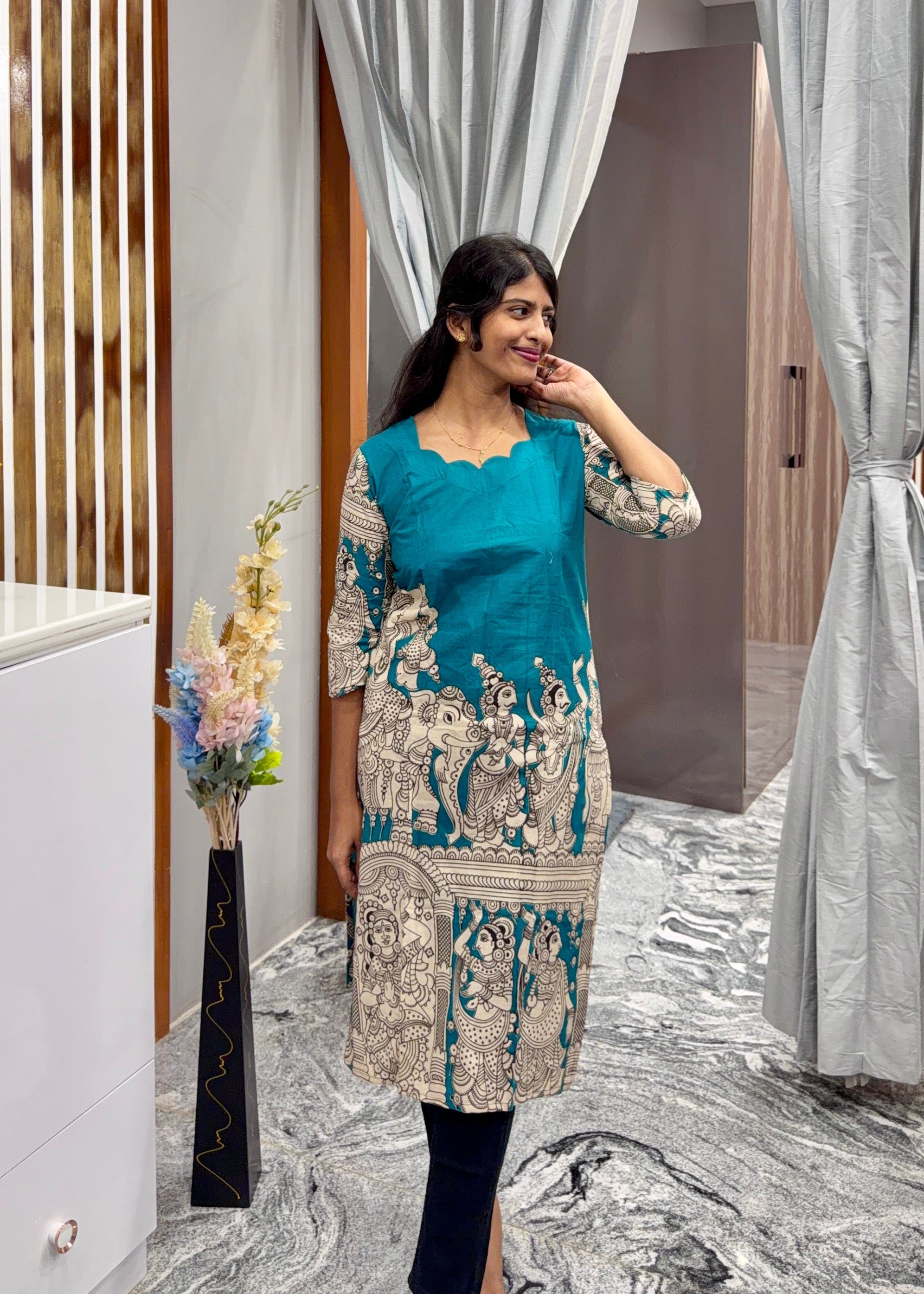Teal blue kalamkari kurti top