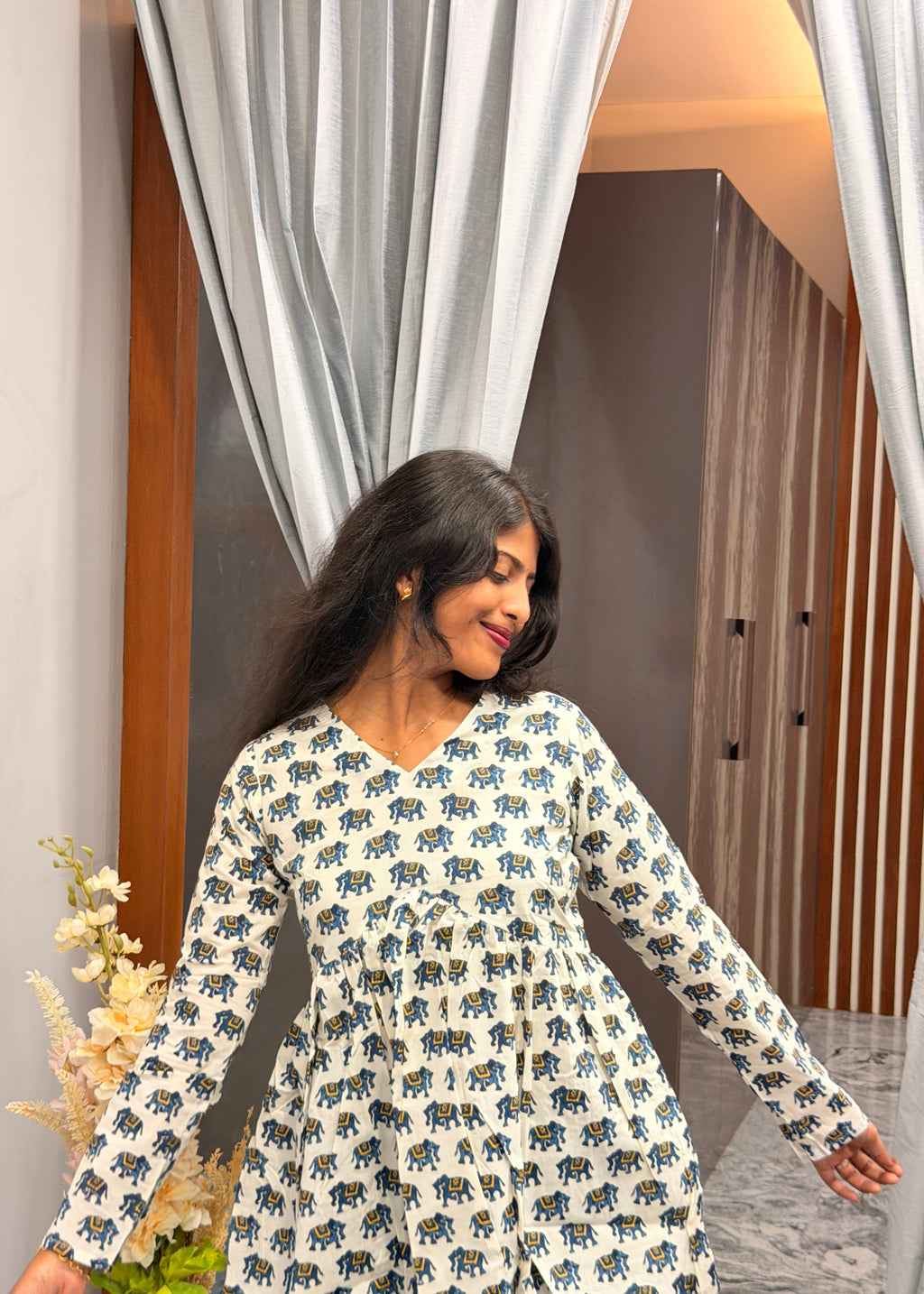 Blue elephant white peplum top