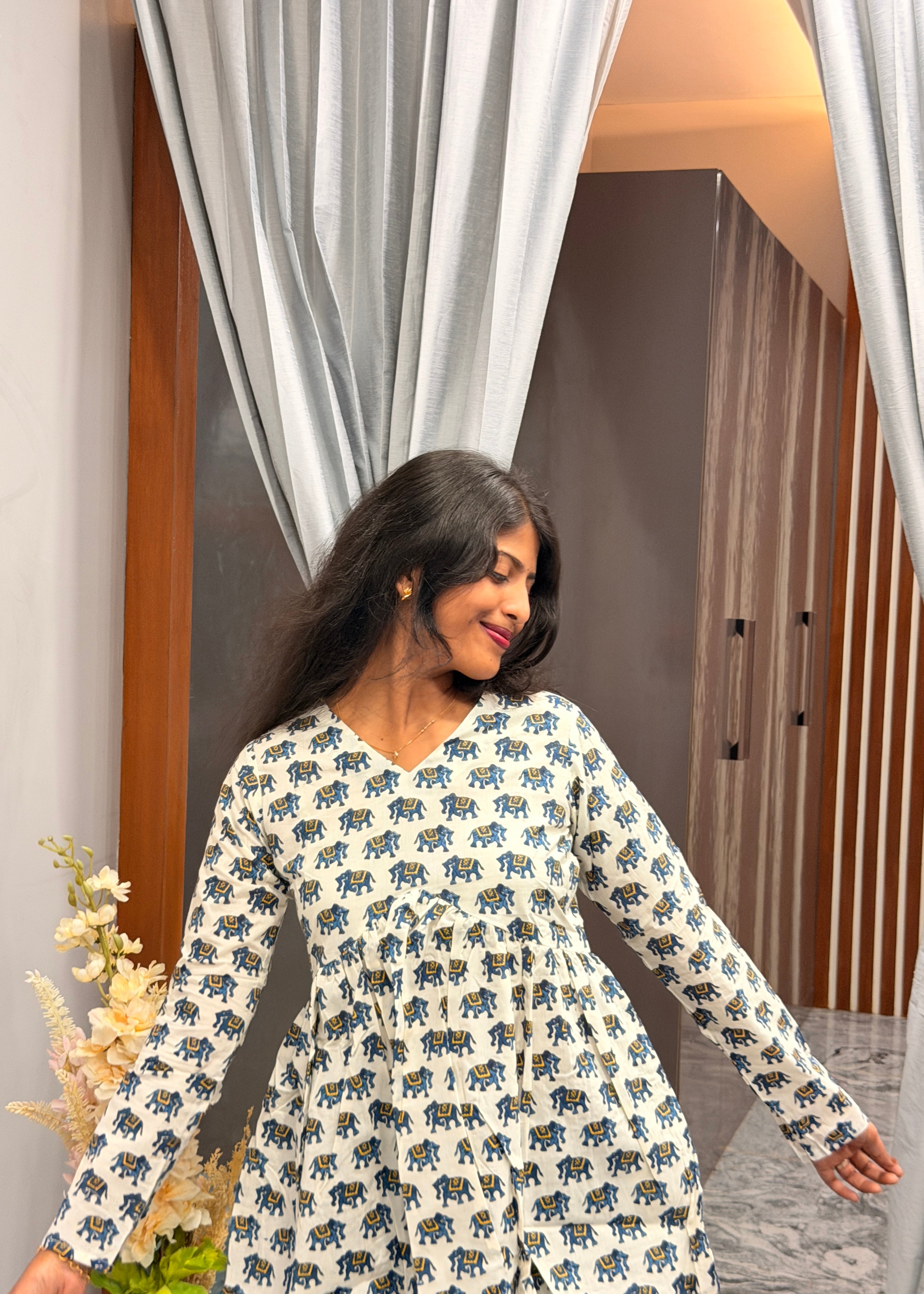 Blue elephant white peplum top