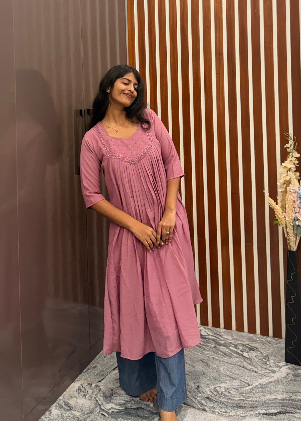 Onion pink mull chanderi handwork aline top