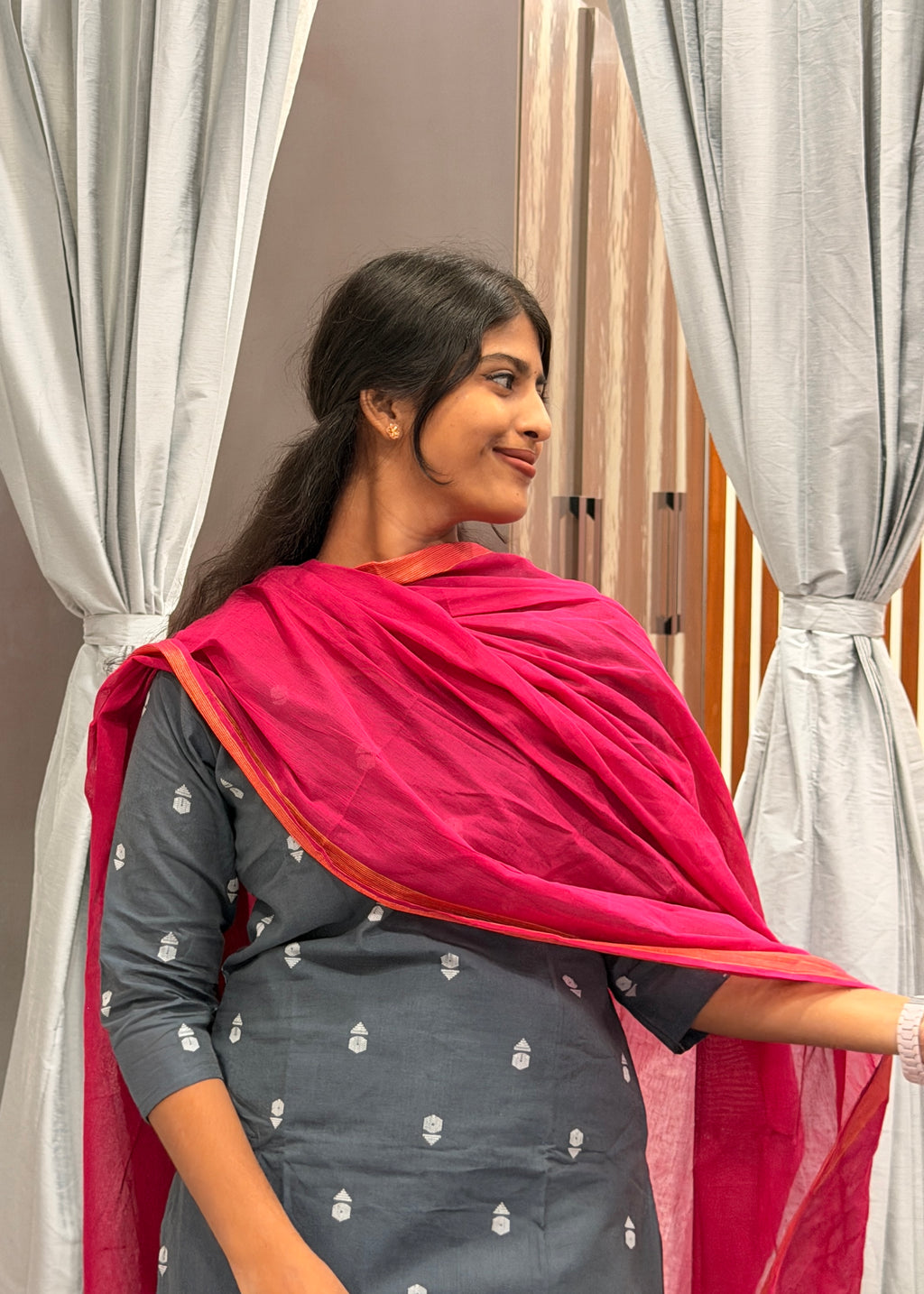 Slate Grey Kurti with Rani Pink Dupatta & Pants