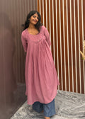 Onion pink mull chanderi handwork aline top