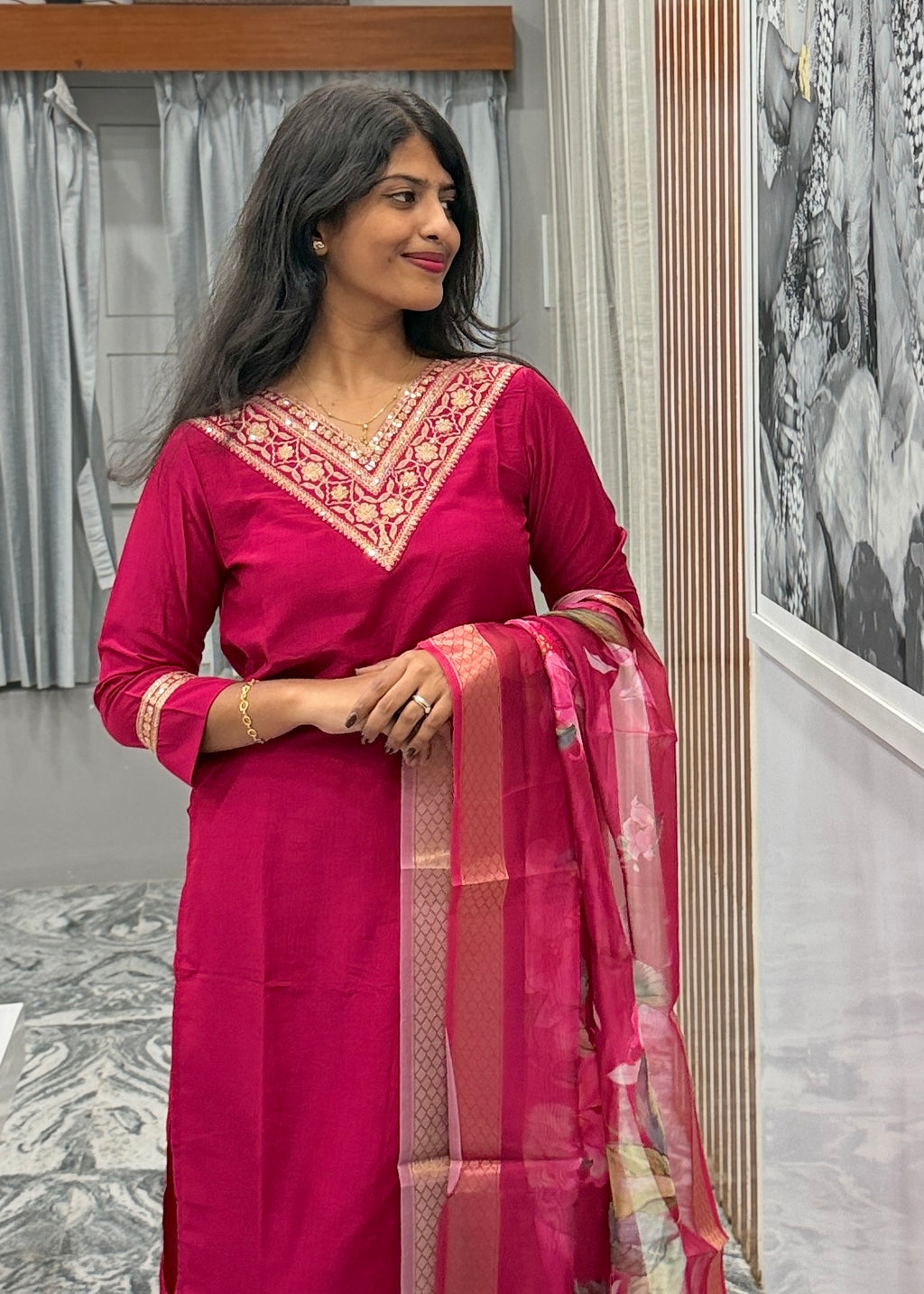 Pink Kurta Set with Organza Dupatta