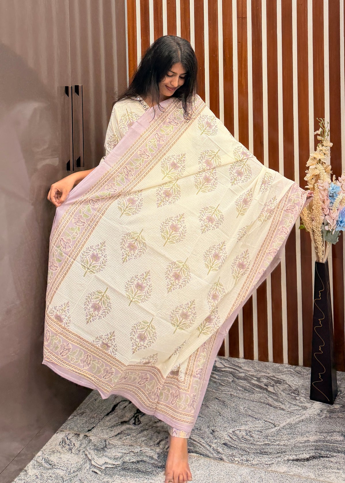 Lavender Floral Printed Three pcs Kurta Set