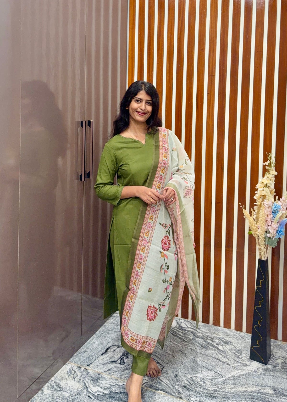Darkgreen kurta set with chanderi dupatta