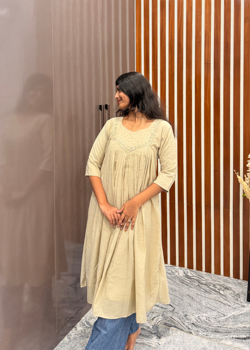 Beige mull chanderi handwork aline top