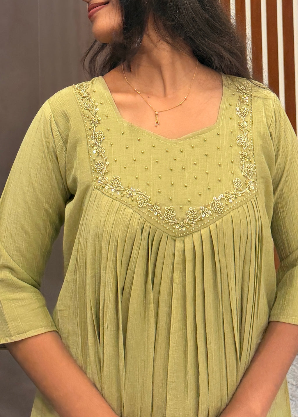 Pastel green mull chanderi handwork aline top