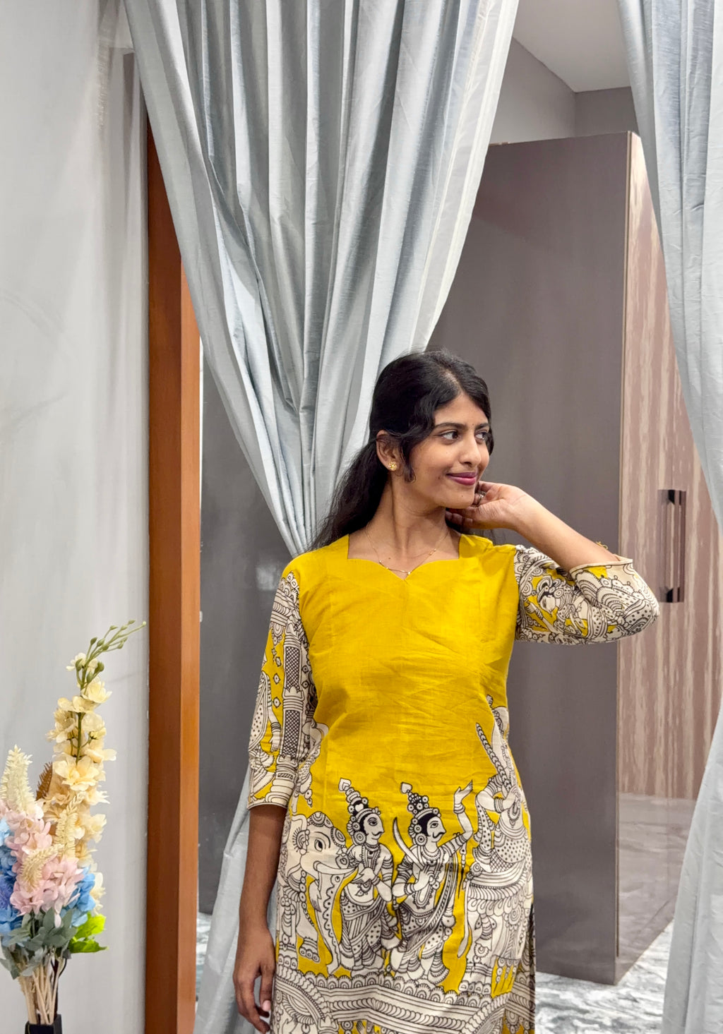 Yellow Kalamkari Kurti Top