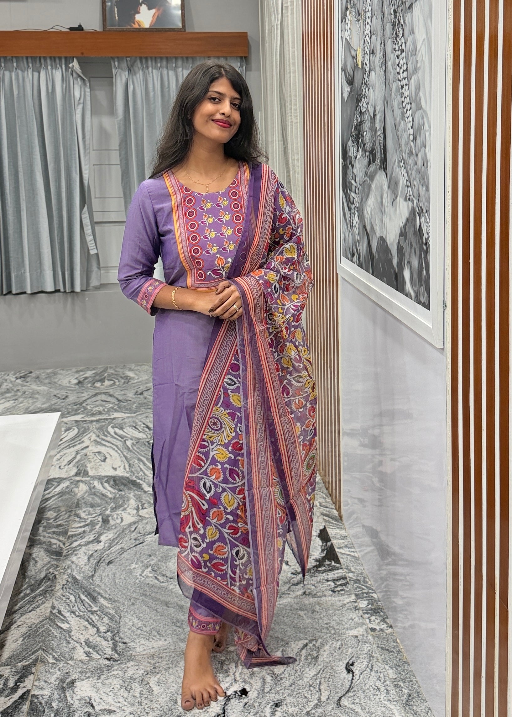 Lavender Royale Kurta Set with Printed Organza Dupatta