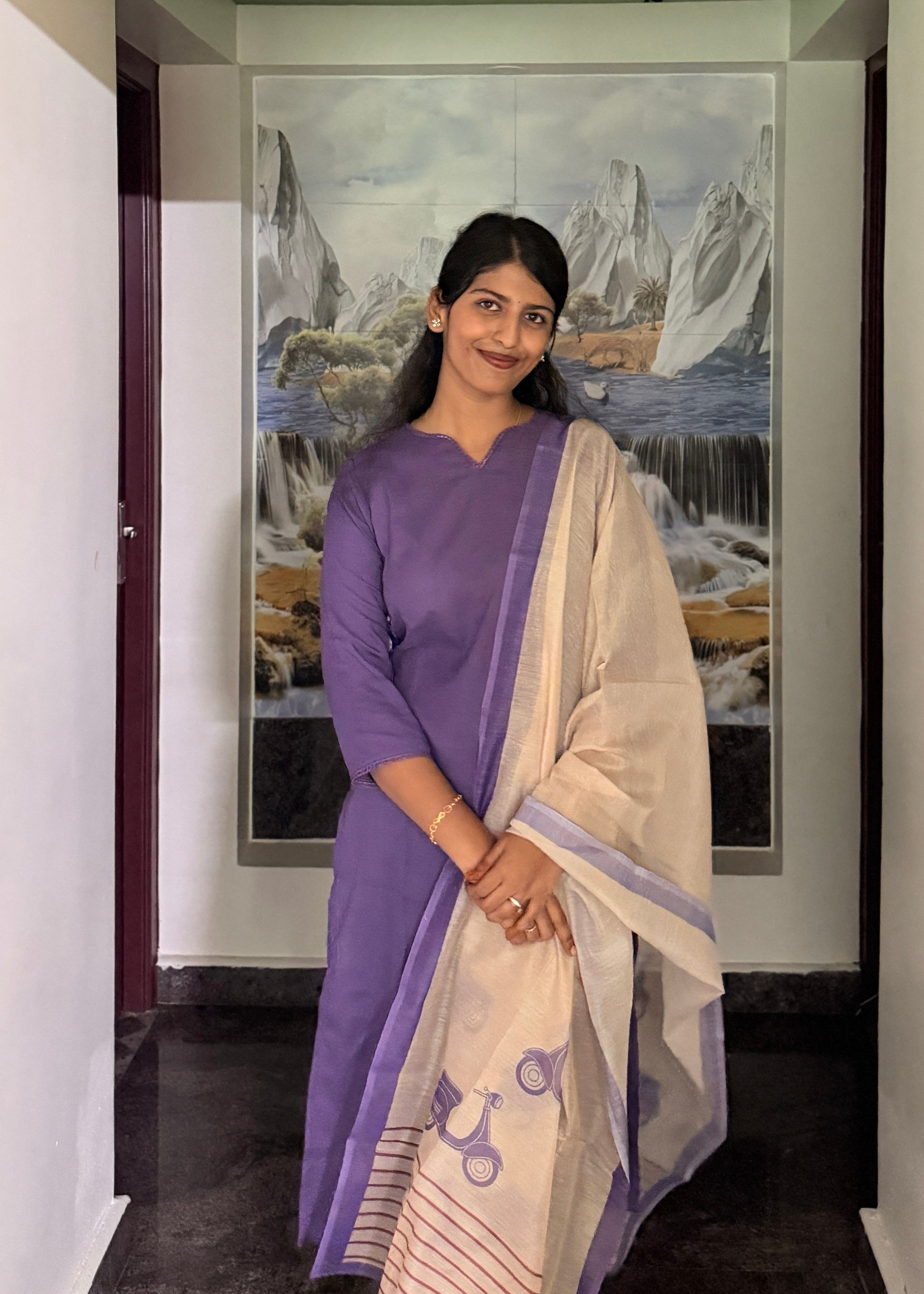 Purple Co Ord Kurta with Cream Chanderi Printed Dupatta