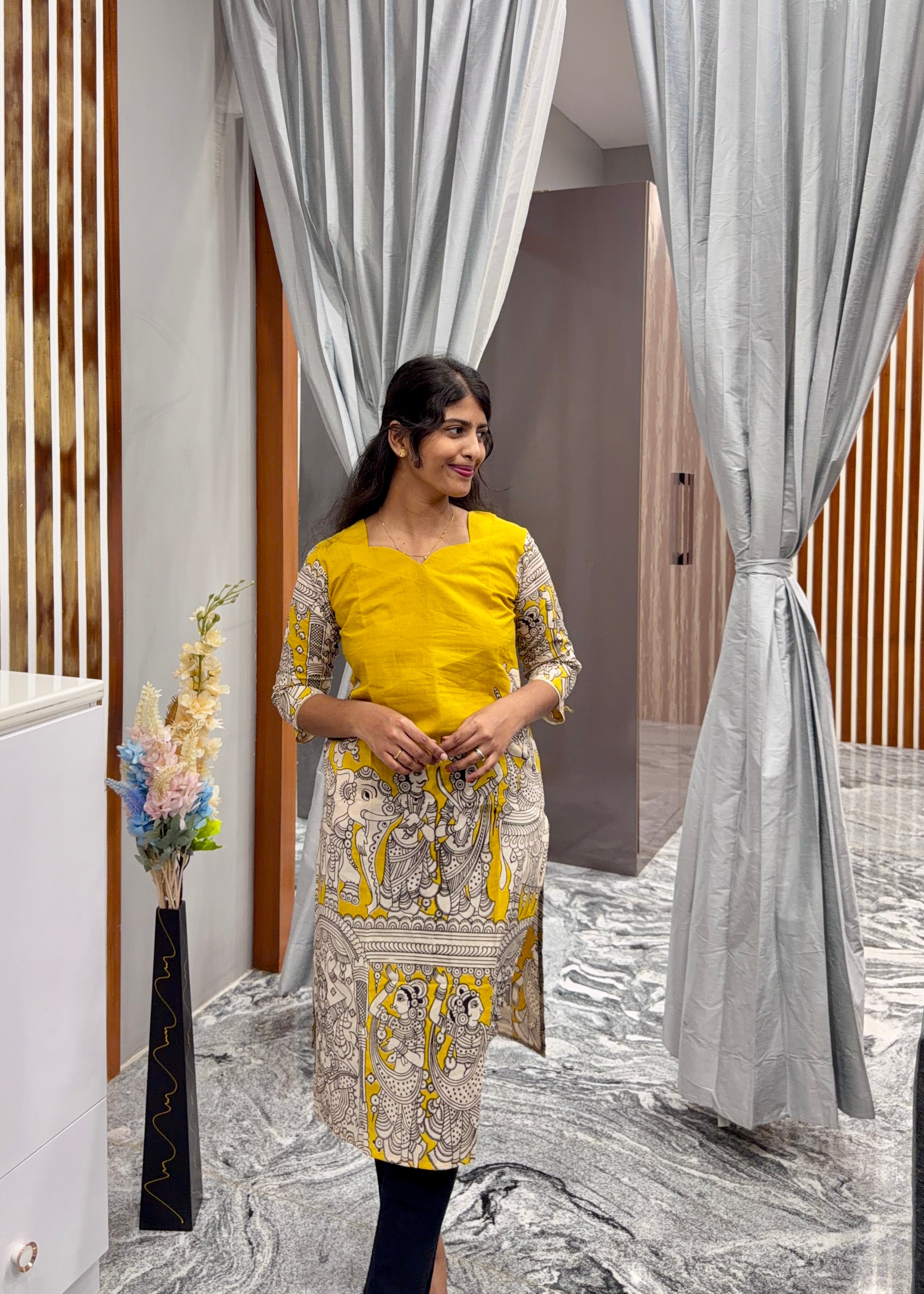 Yellow Kalamkari Kurti Top