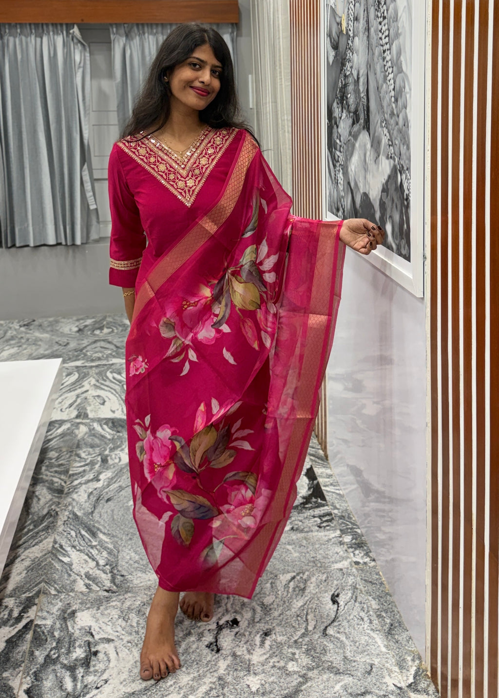 Pink Kurta Set with Organza Dupatta