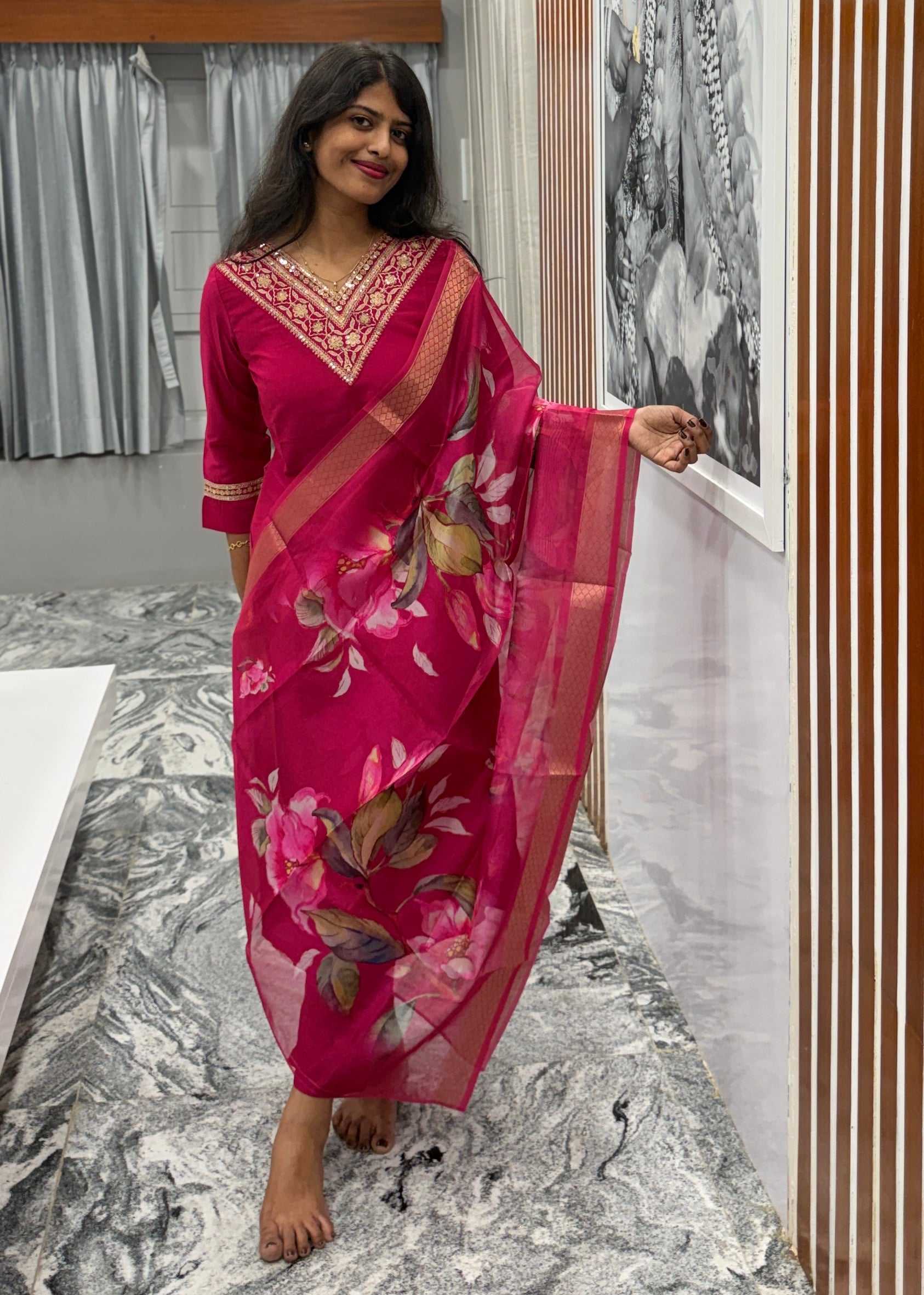 Pink Kurta Set with Organza Dupatta
