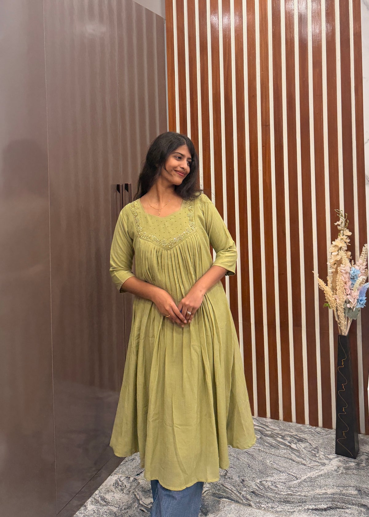 Pastel green mull chanderi handwork aline top