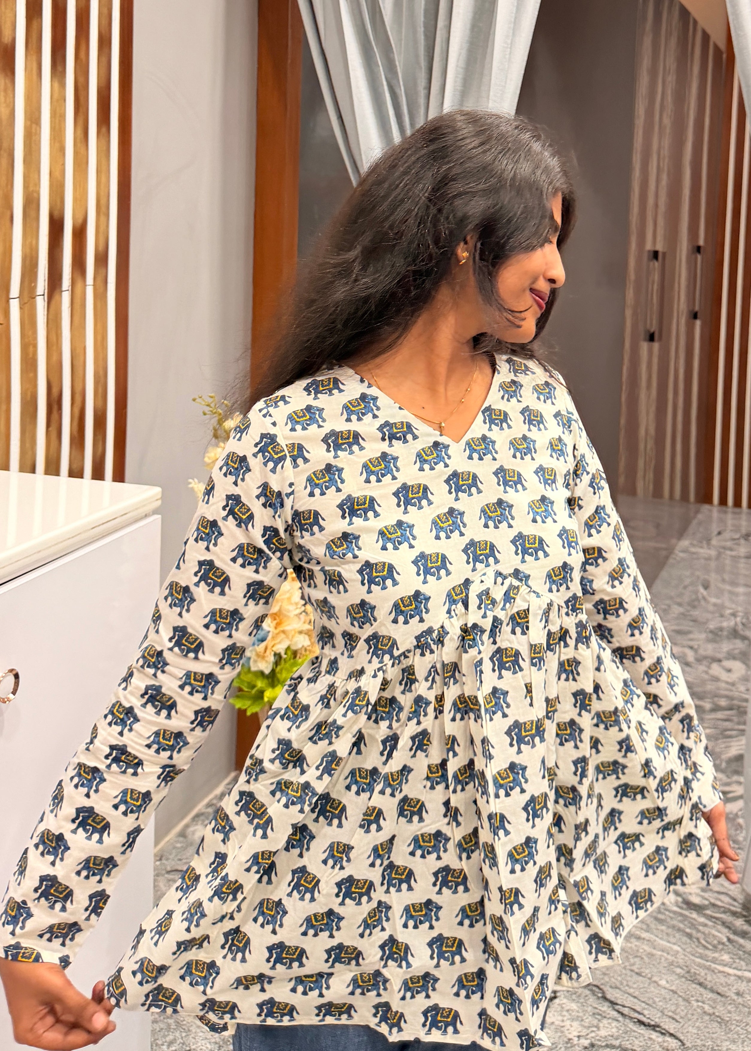 Blue elephant white peplum top