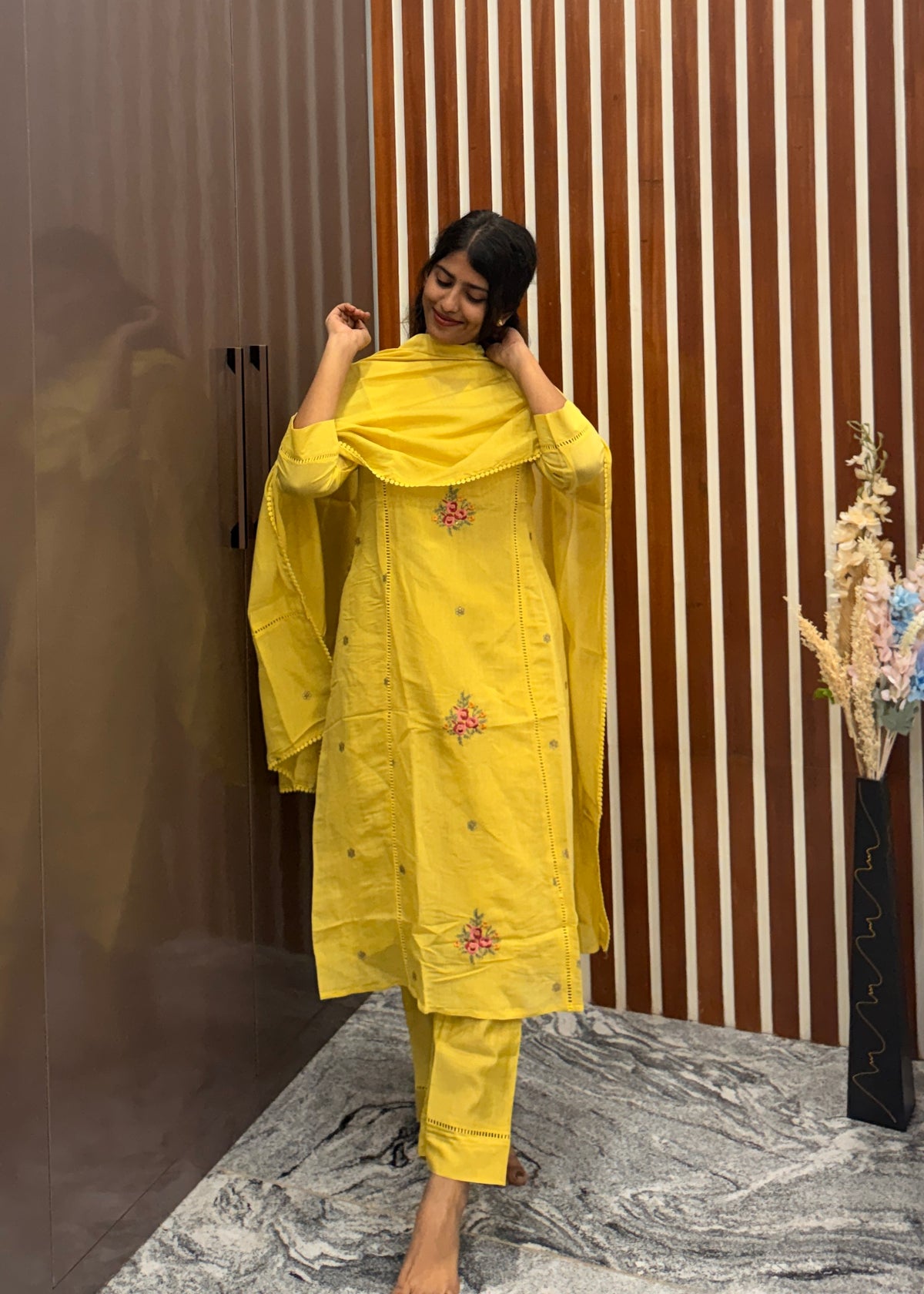 Butter yellow Mulchanderi Hand Embroidery Threadwork 3-Piece Set