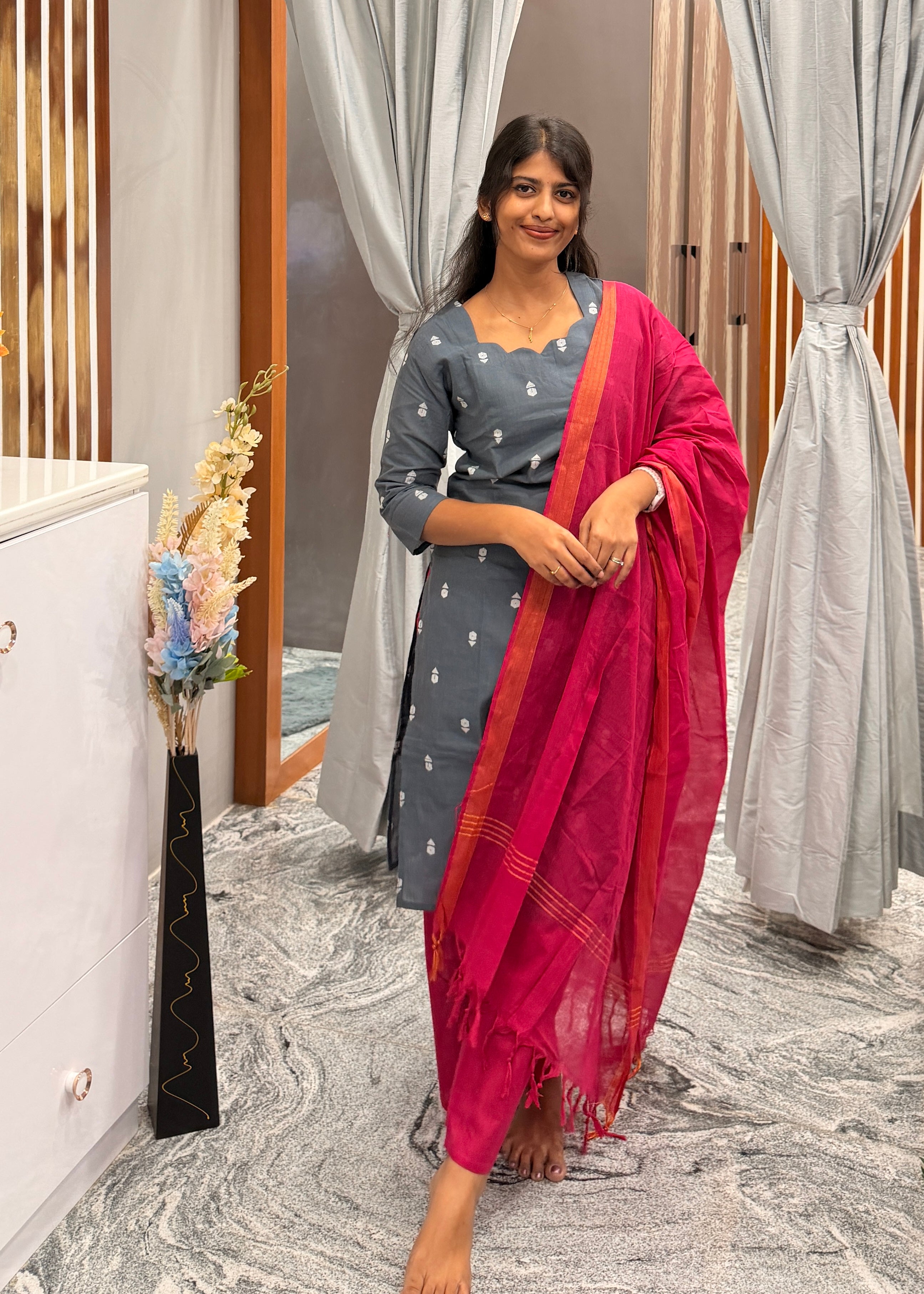 Slate Grey Kurti with Rani Pink Dupatta & Pants
