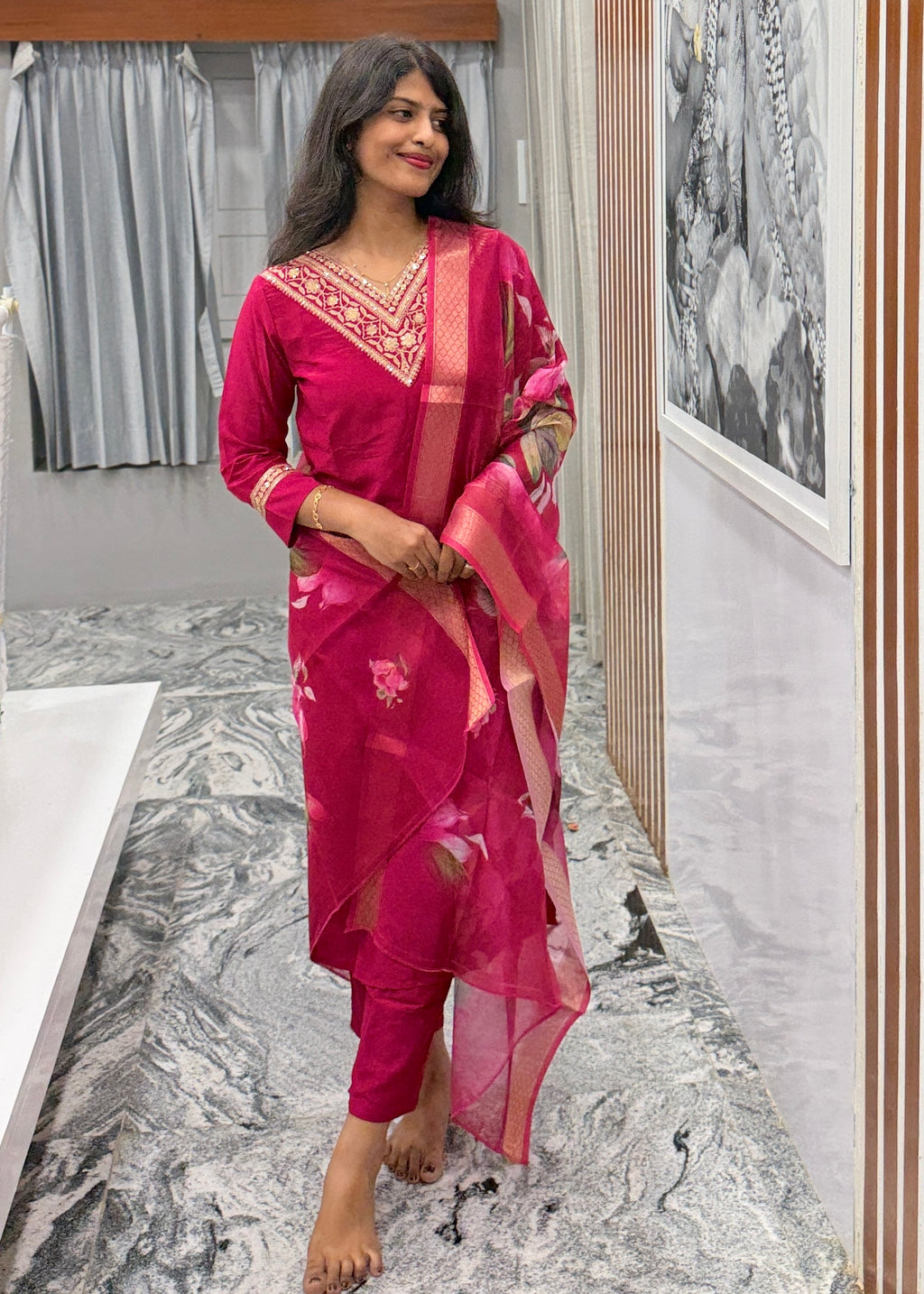 Pink Kurta Set with Organza Dupatta