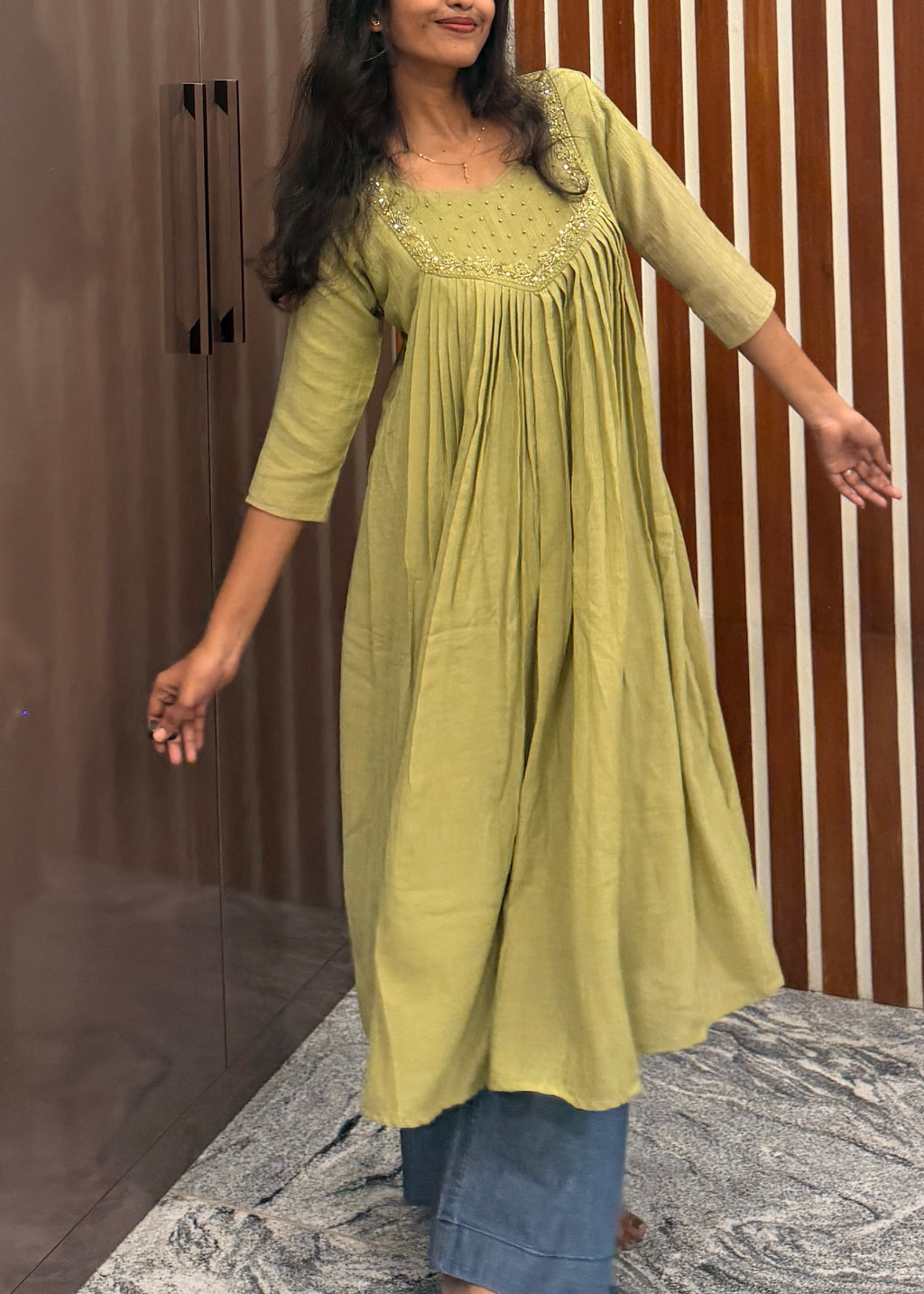 Pastel green mull chanderi handwork aline top