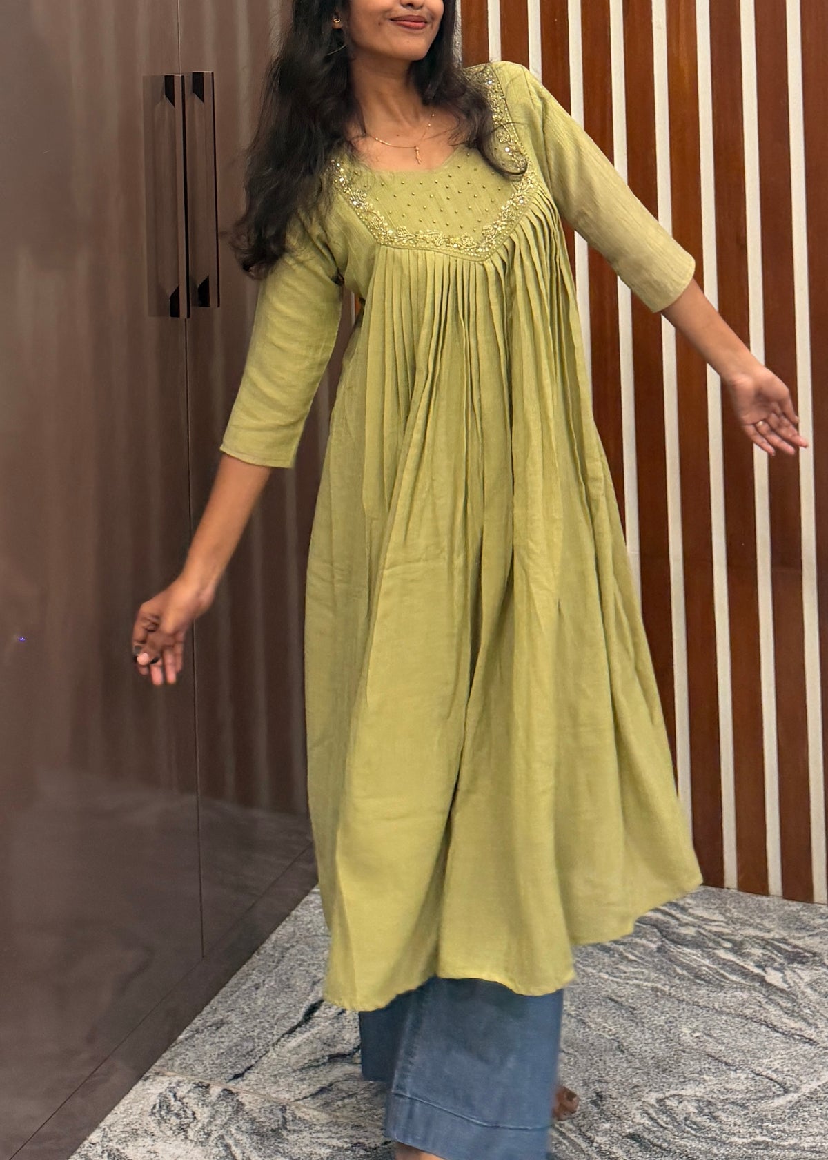 Pastel green mull chanderi handwork aline top