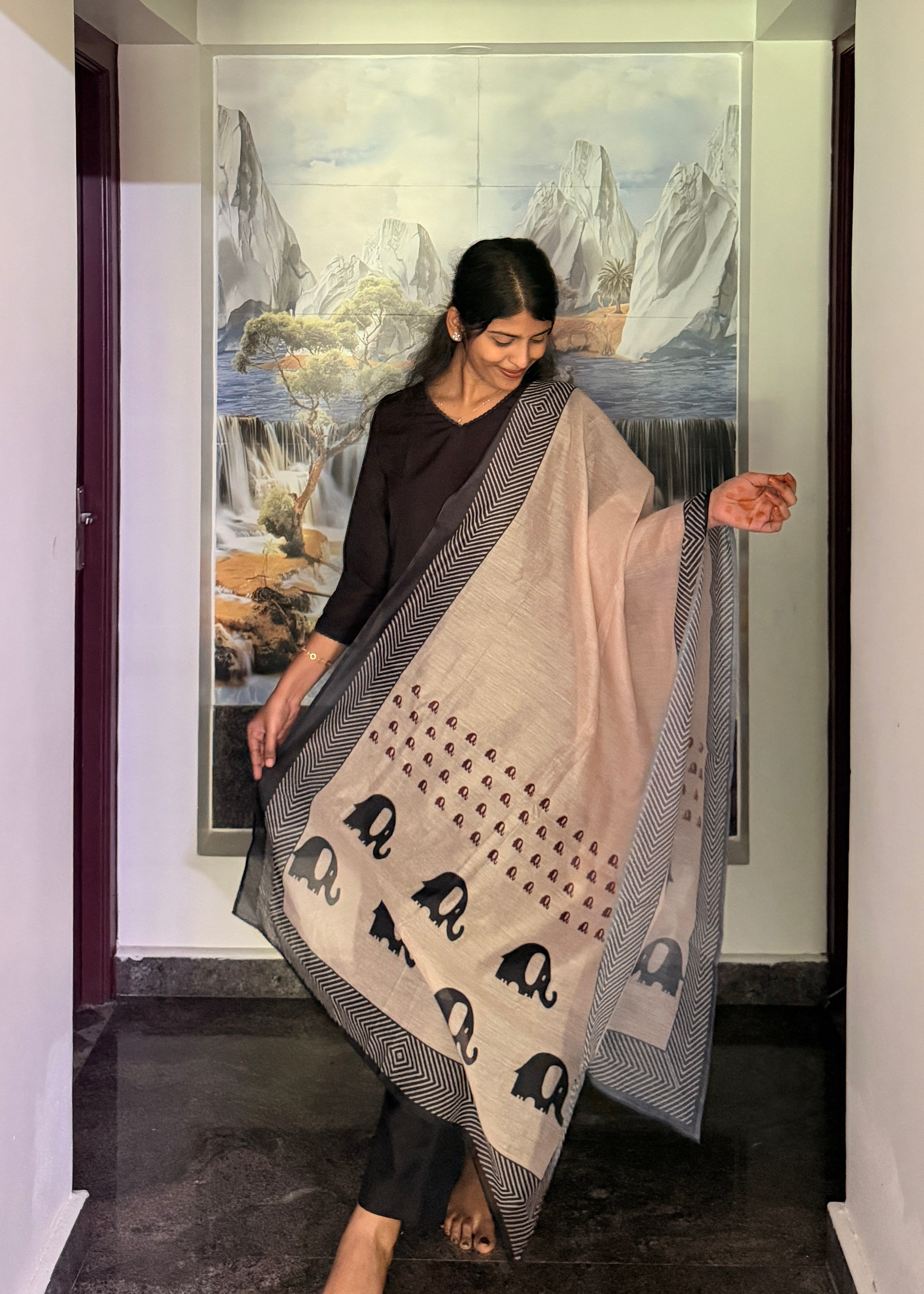 Black Co Ord Kurta with Cream Chanderi Printed Dupatta
