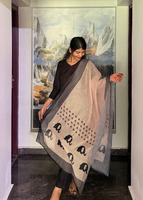 Black Co Ord Kurta with Cream Chanderi Printed Dupatta