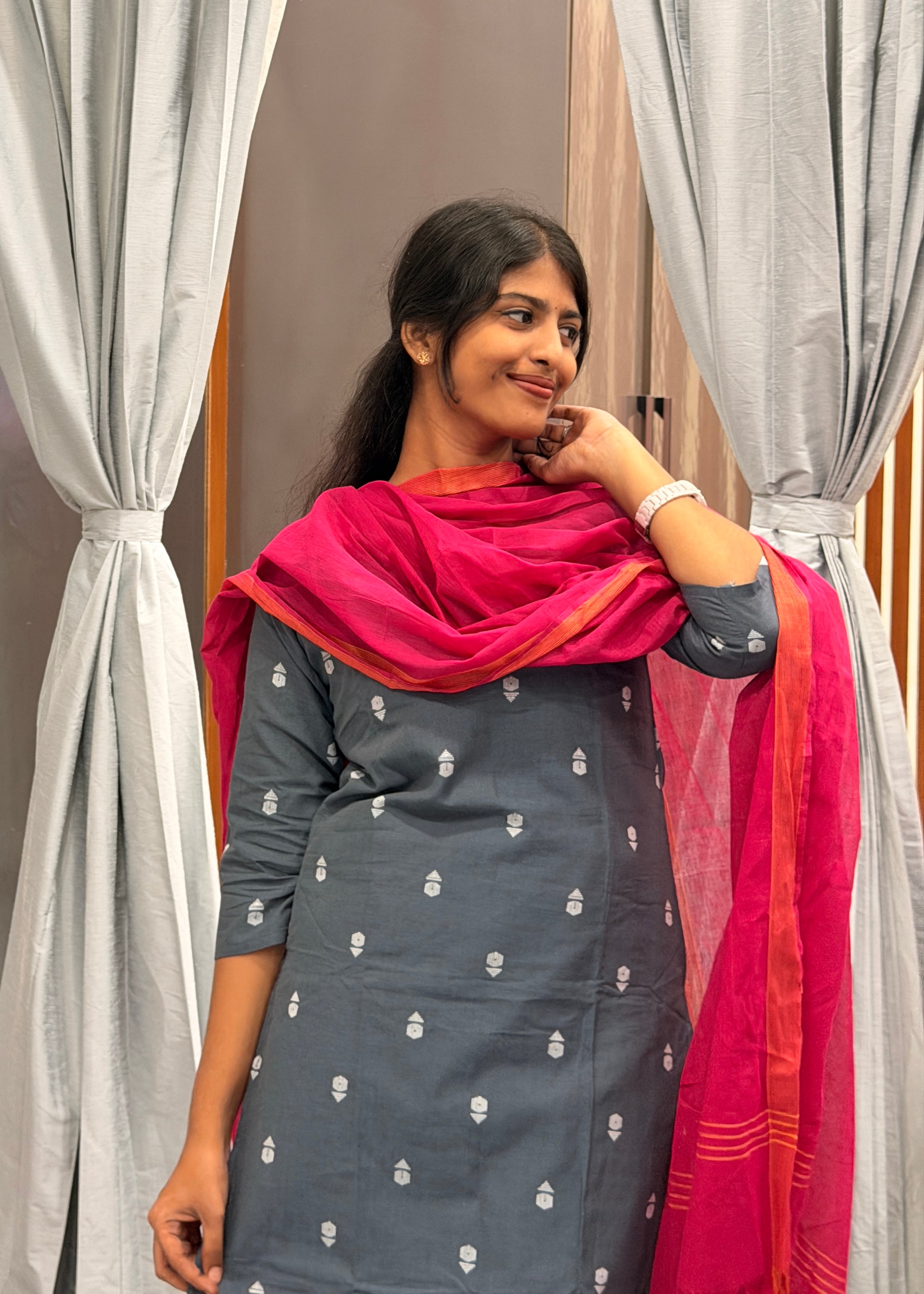 Slate Grey Kurti with Rani Pink Dupatta & Pants