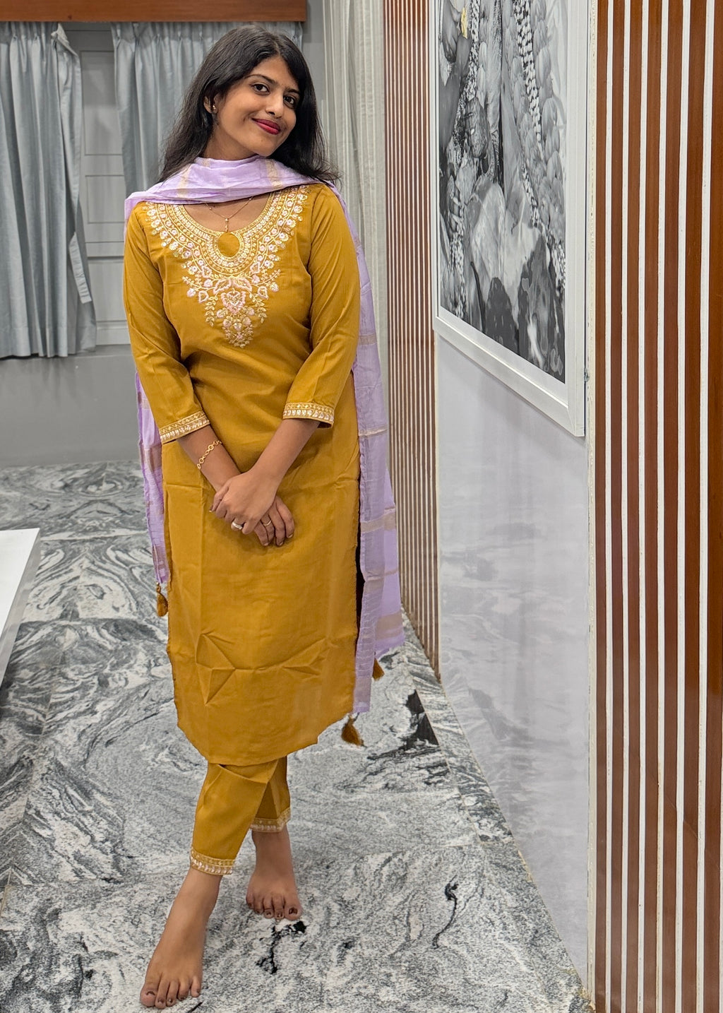 Mustard Glow Yellow Kurta Set with Lilac Dupatta