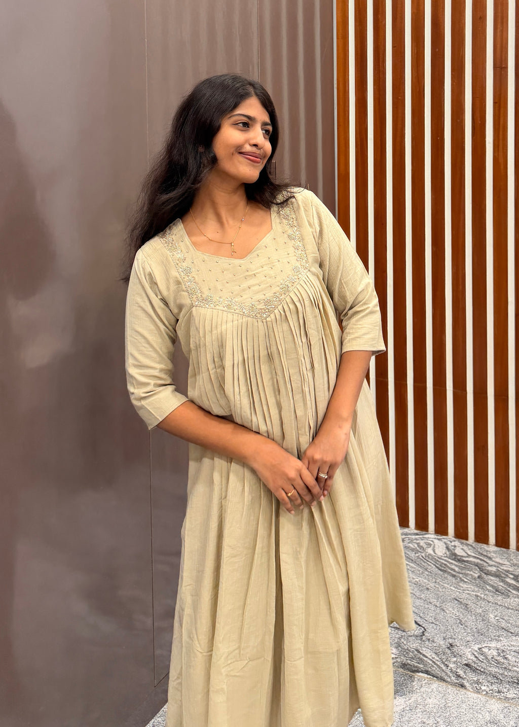 Beige mull chanderi handwork aline top