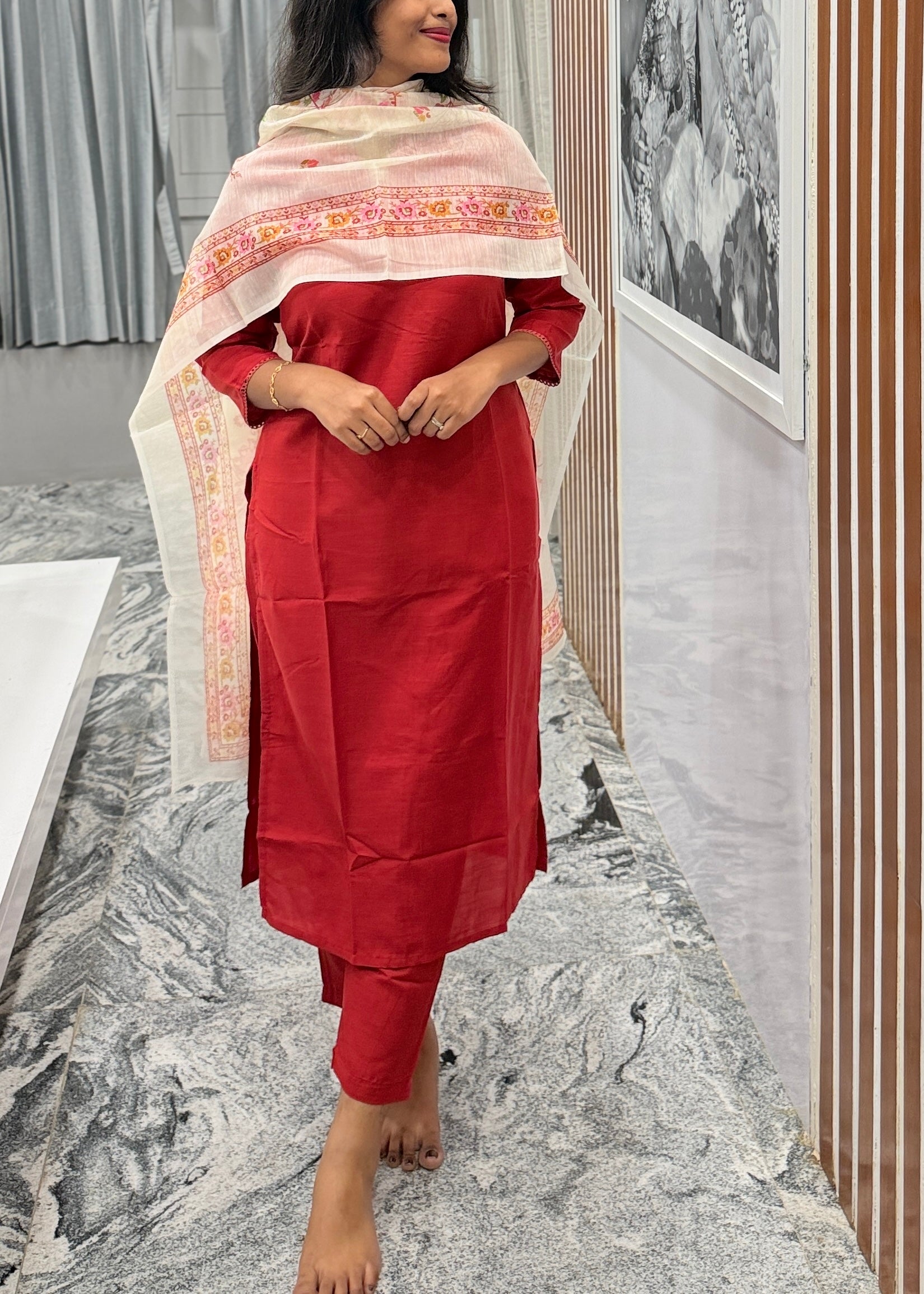 Brick Red Blossom Kurta Set with Chanderi Dupatta