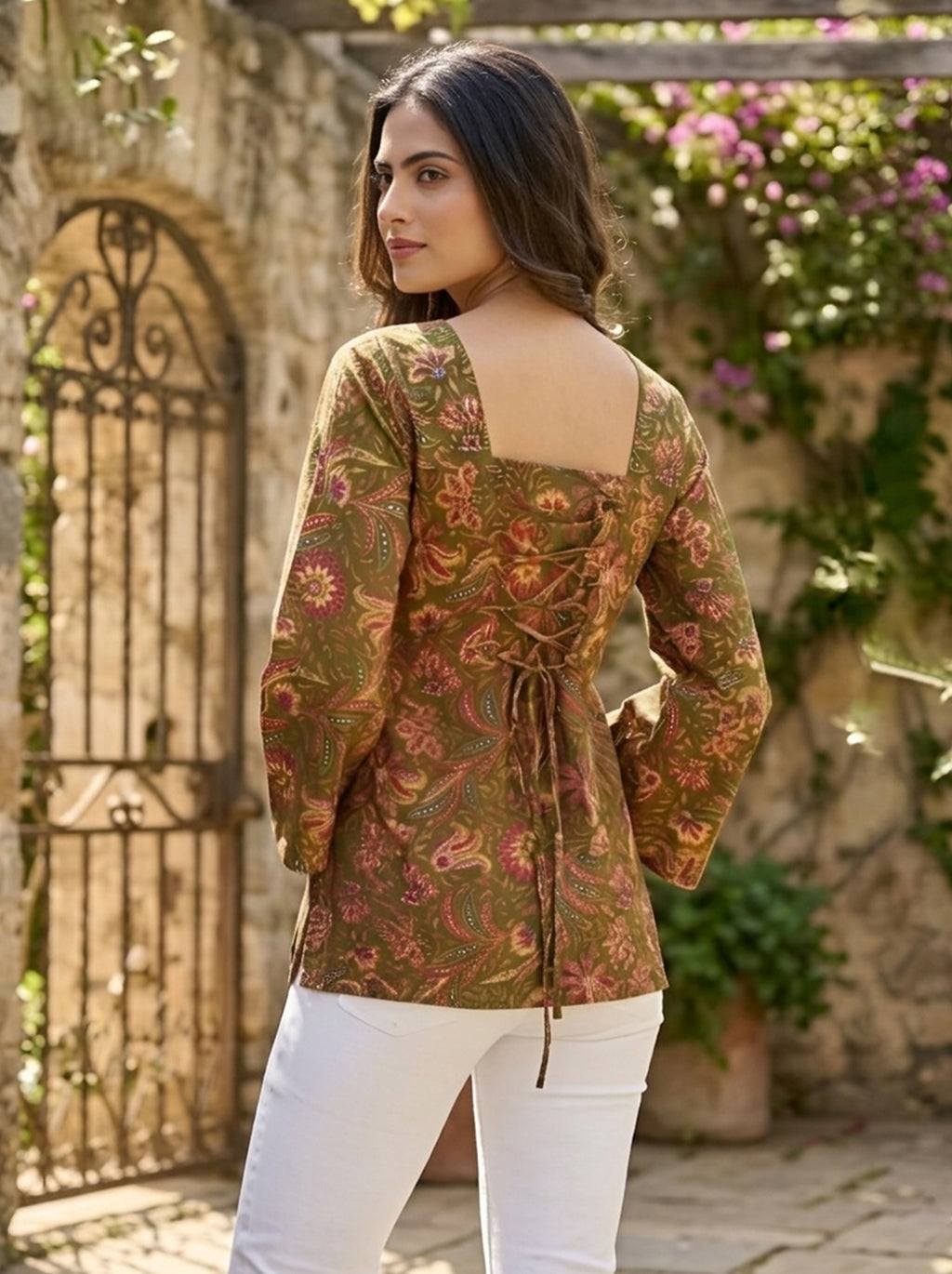 Olive Green Floral Heer Corset Back Kurti