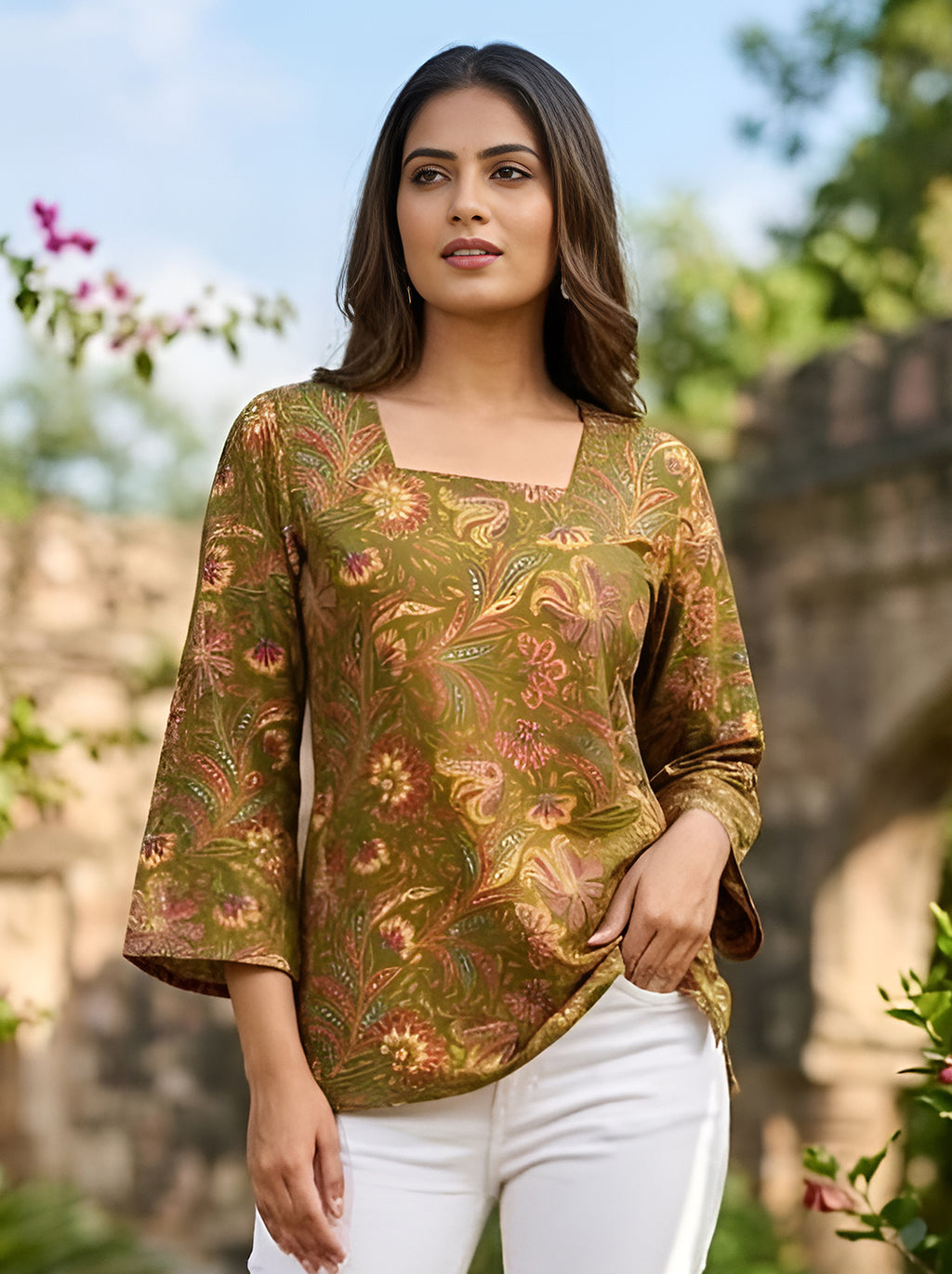 Olive Green Floral Heer Corset Back Kurti
