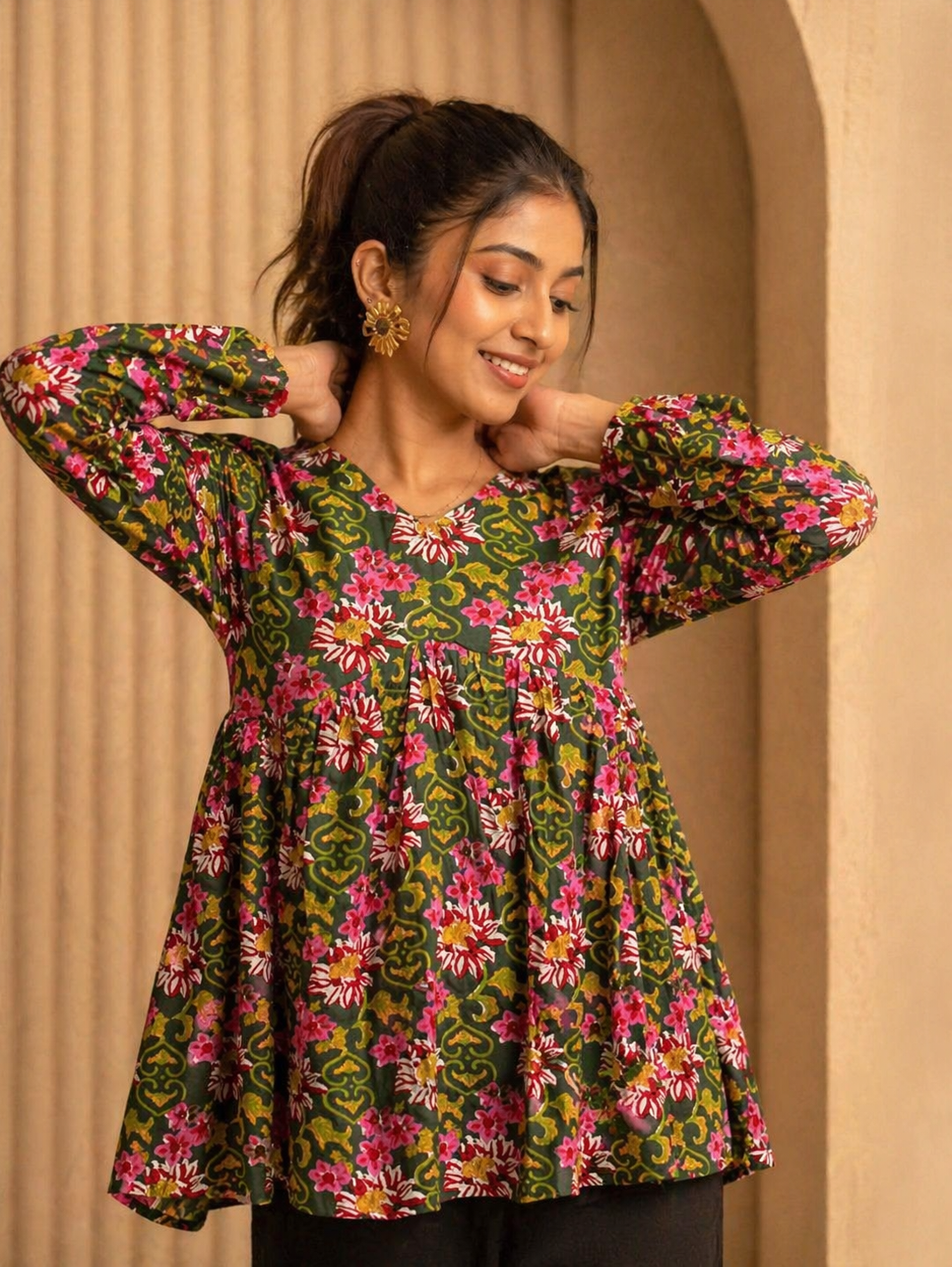 Deep Green Floral Peplum Top