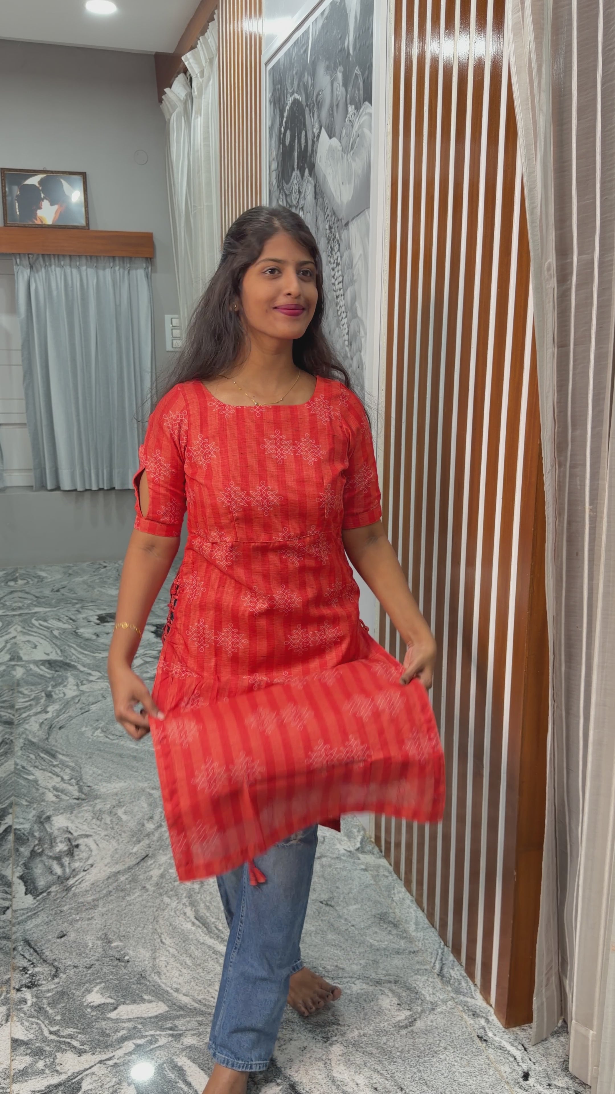 Orange sideknot kurti ( kollam print )