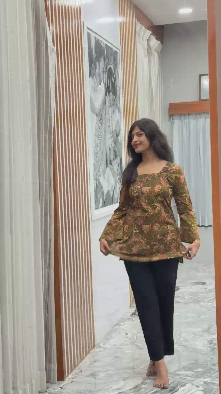Olive Green Floral Heer Corset Back Kurti